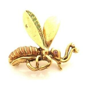 Green & Pink Rhinestone,Pearl WASP Insect Gold Plated Signed Tie Tac Pin Brooch